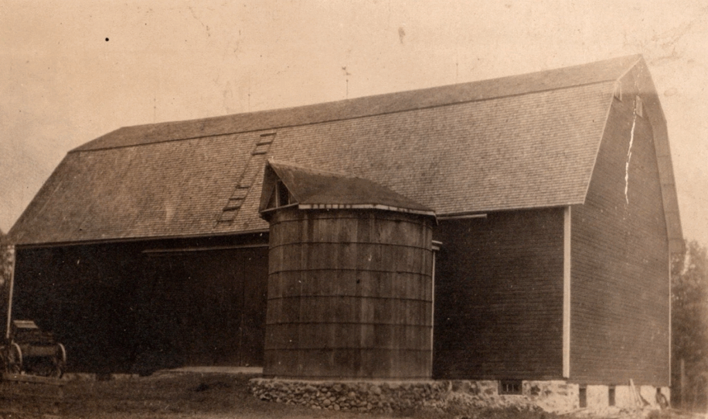 old barn building from postcard