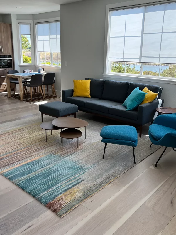 hickory floor in living room furnished with black sofa and blue chair
