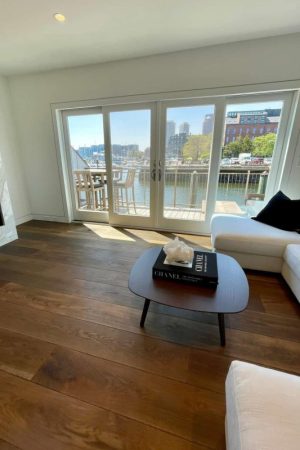 living room with dark stained white oak floors