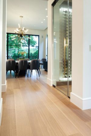 white oak hallway view to dining room